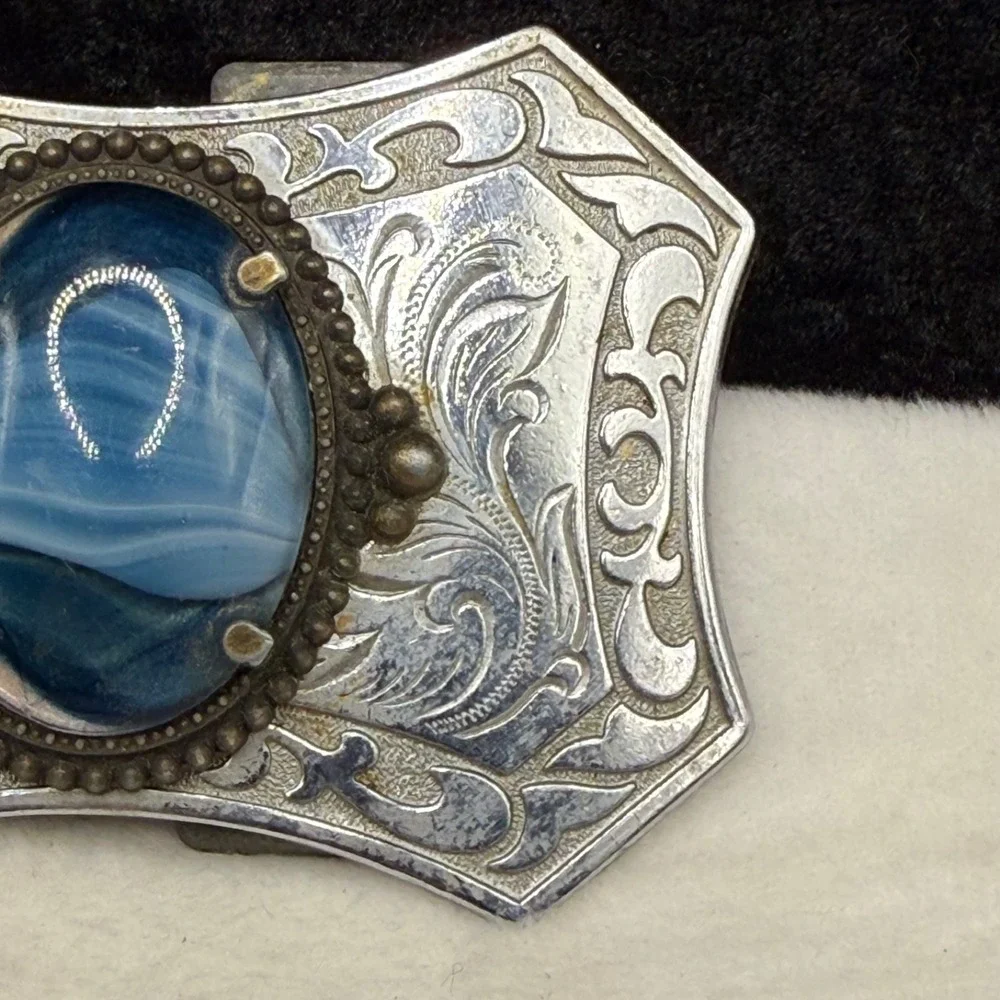 Vintage Polished Stone Belt Buckle Silver Tone Blue Stone